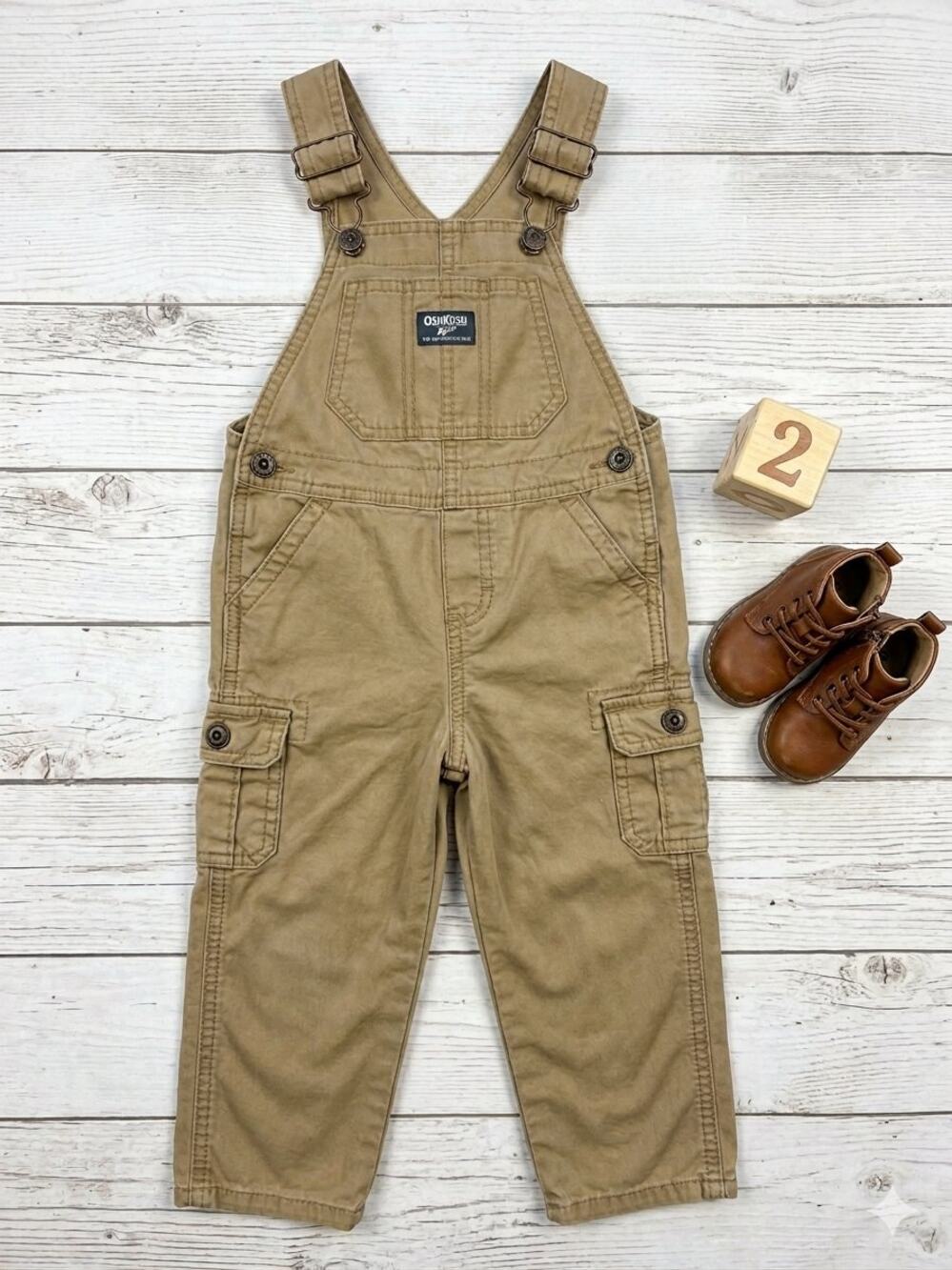 OshKosh B'gosh Toddler Overalls 2T Tan Khaki Twill Cargo Pockets Boys Girls